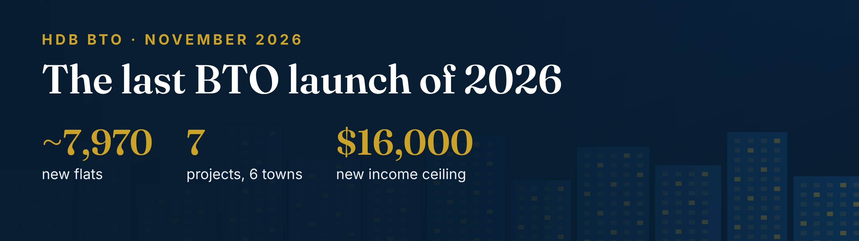 November 2026 HDB BTO launch: about 7,970 new flats, 7 projects in 6 towns, and a new $16,000 family income ceiling.