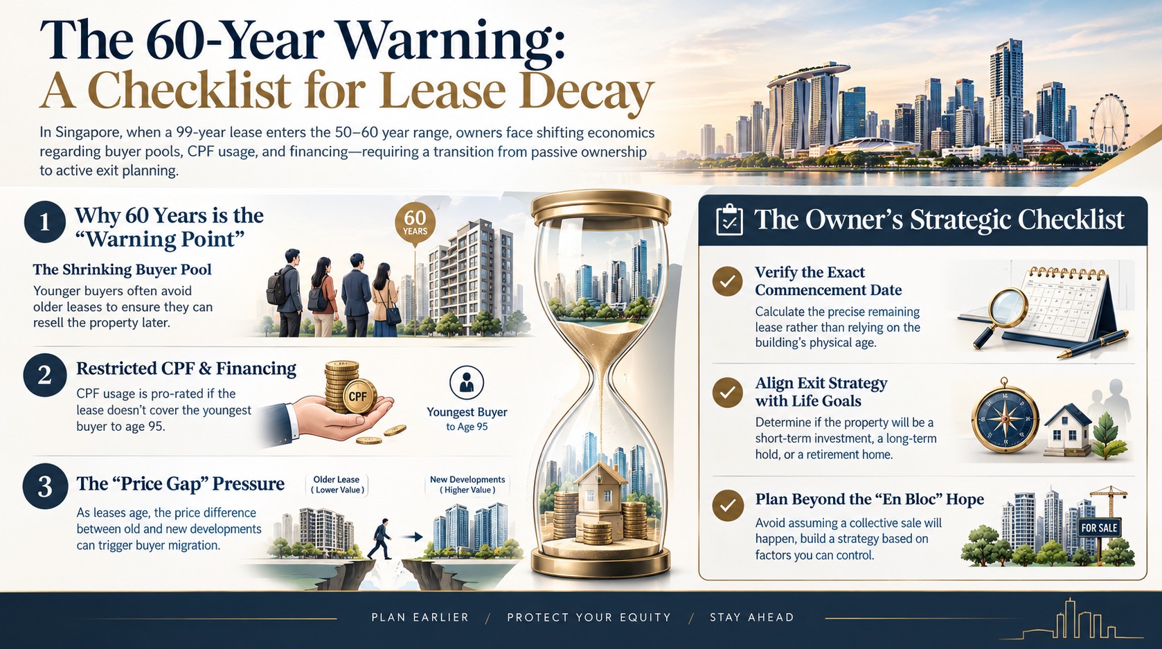 Infographic titled 'The 60-Year Warning: A Checklist for Lease Decay' covering why 60 years is the warning point (shrinking buyer pool, restricted CPF and financing, price gap pressure) and the owner's strategic checklist (verify the exact lease commencement date, align exit strategy with life goals, plan beyond the en bloc hope).